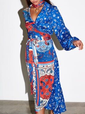 Never Fully Dressed Blue and Red Paisley Bandana Wrap Dress